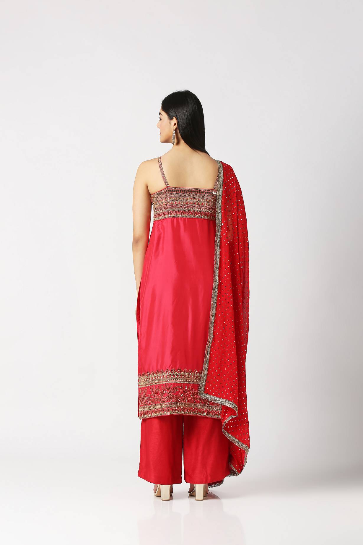 Fiesta Pink Strap Kurta with Palazzo Pant & Dupatta Set