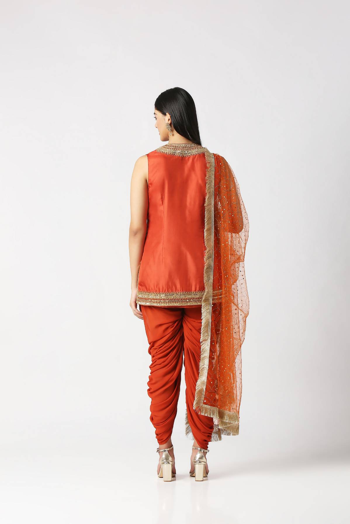 Orangeade Short Kurta With Gathered Patiala and Dupatta Set