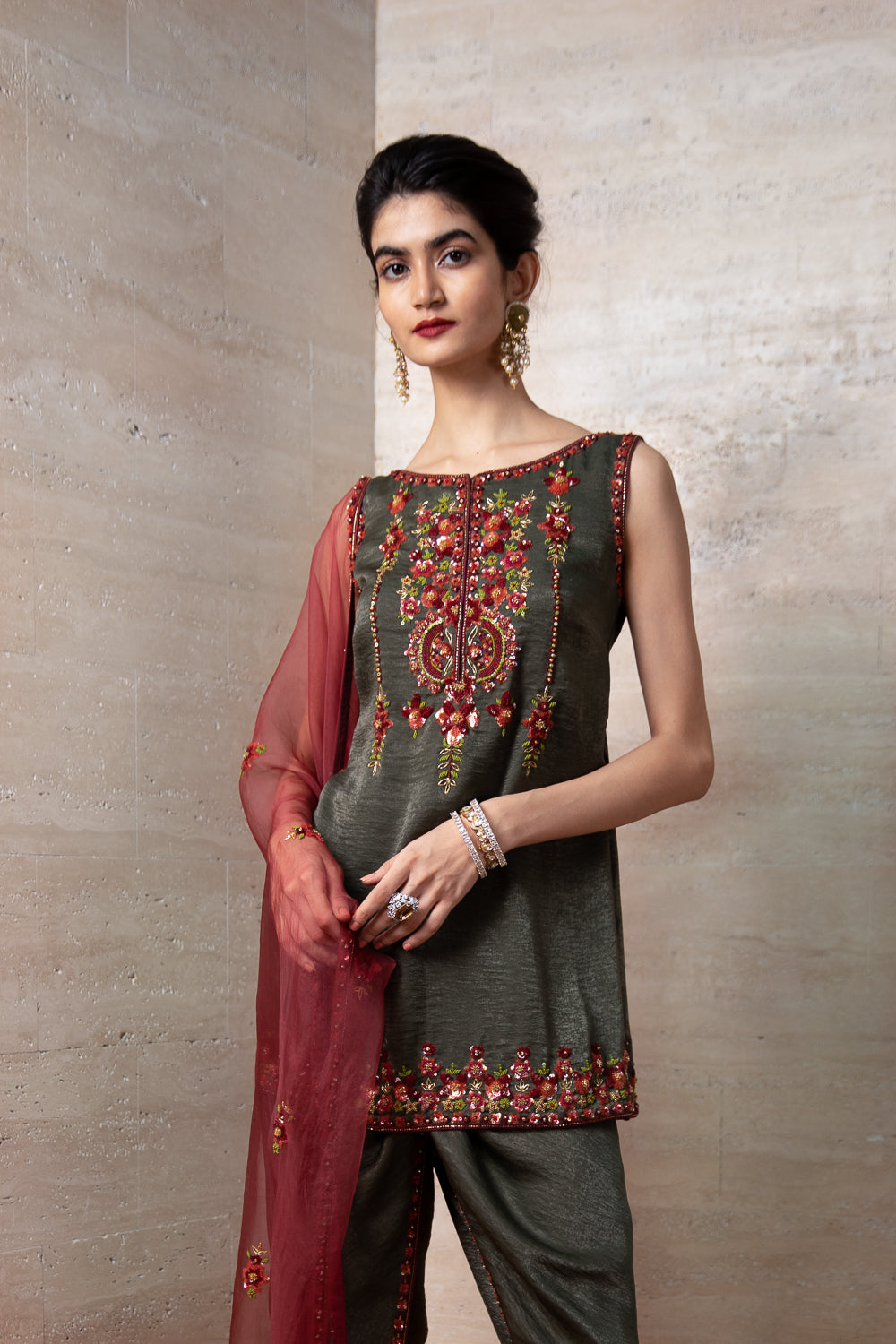 Green Short Tunic Dhoti and Dupatta Set