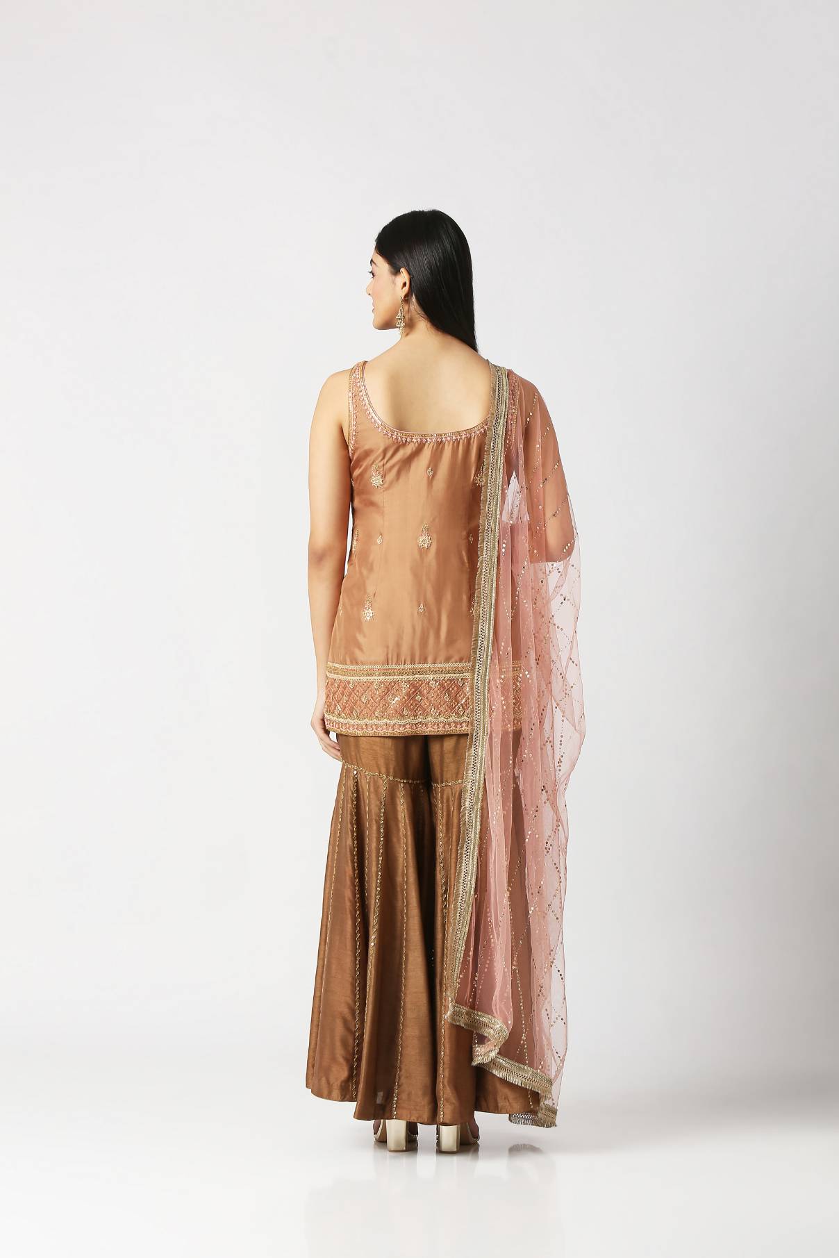 Mocha Brown Short Kurta With Sharara & Dupatta Set