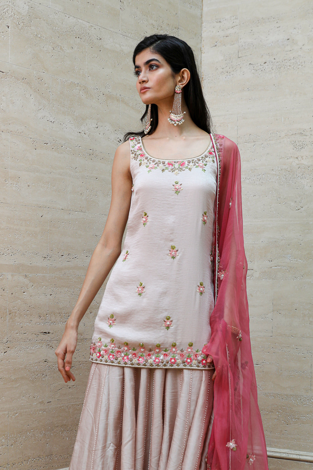 Beige Short Tunic Sharara Dupatta Set