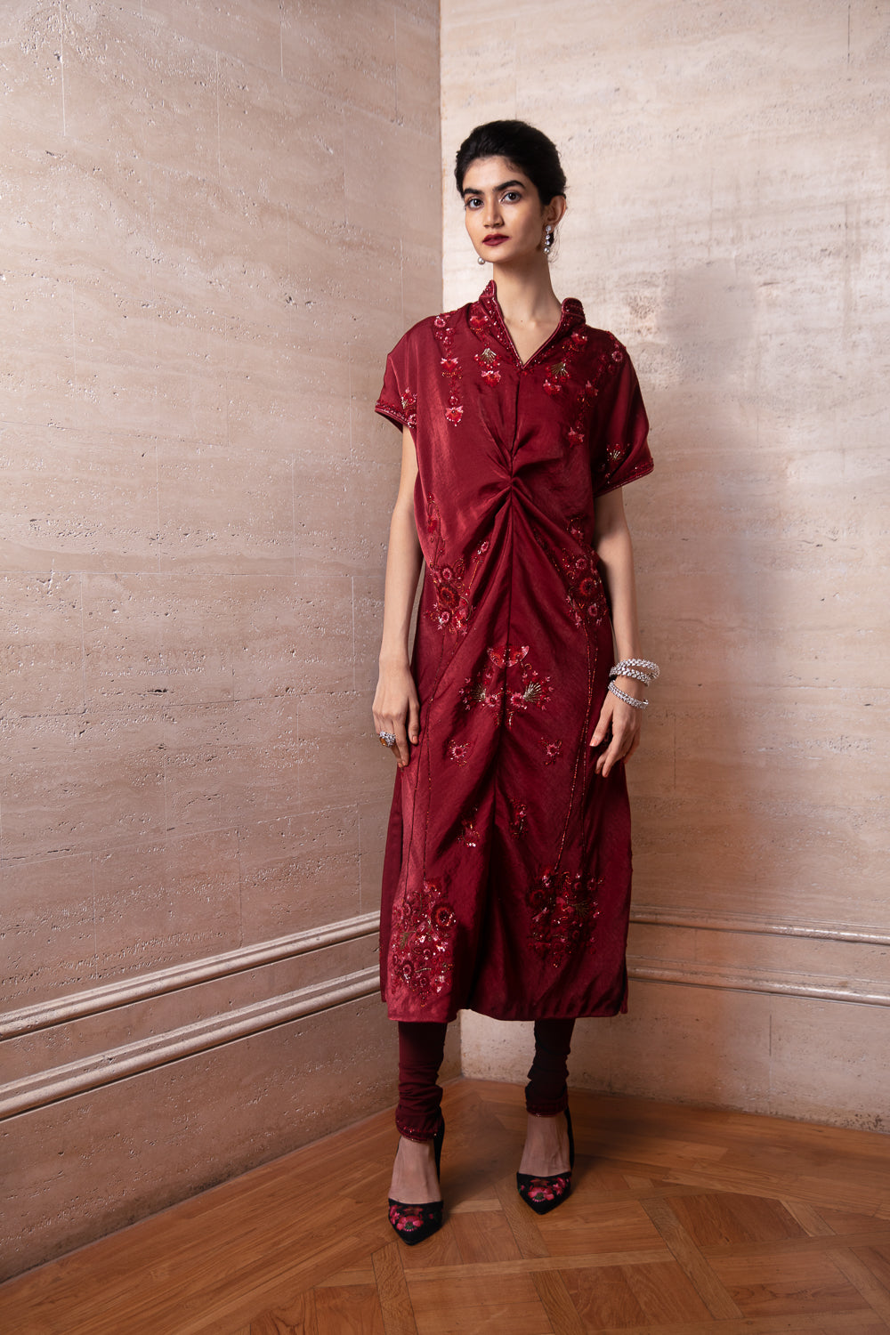 Maroon Kaftan with Churidar Set