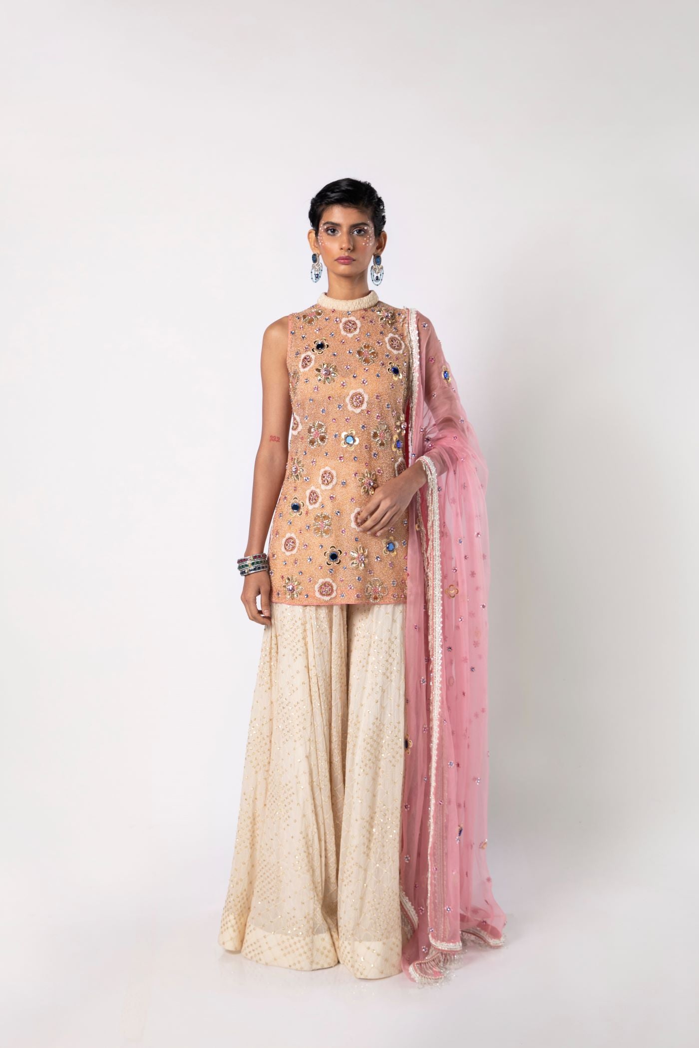 Roseate Pink Short kurta with Sharara & Dupatta Set