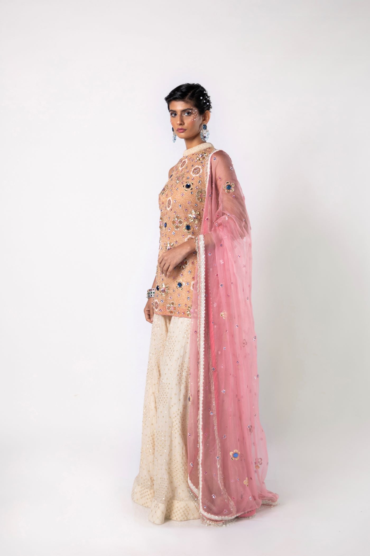 Roseate Pink Short kurta with Sharara & Dupatta Set