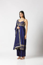 Navy Blue Strap Kurta with Palazzo Pant & Dupatta Set