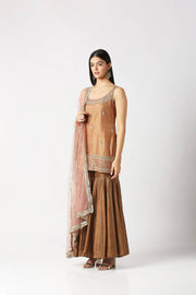 Mocha Brown Short Kurta With Sharara & Dupatta Set