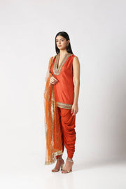 Orangeade Short Kurta With Gathered Patiala and Dupatta Set