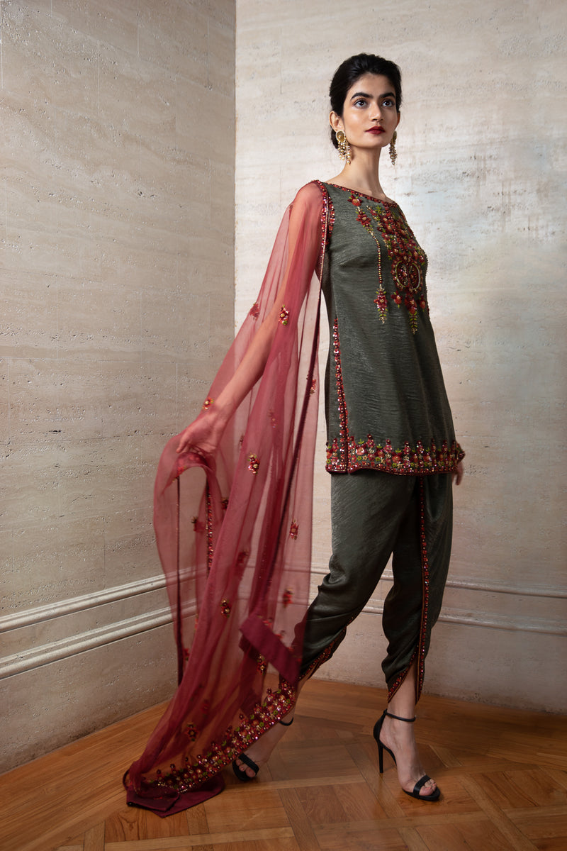 Green Short Tunic Dhoti and Dupatta Set – Labbada Store