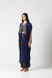 Navy Blue Cape with Crop Top & Palazzo