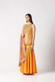 Mango Yellow Short Heavy Kurta with Panelled Sharara Set