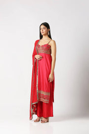 Fiesta Pink Strap Kurta with Palazzo Pant & Dupatta Set