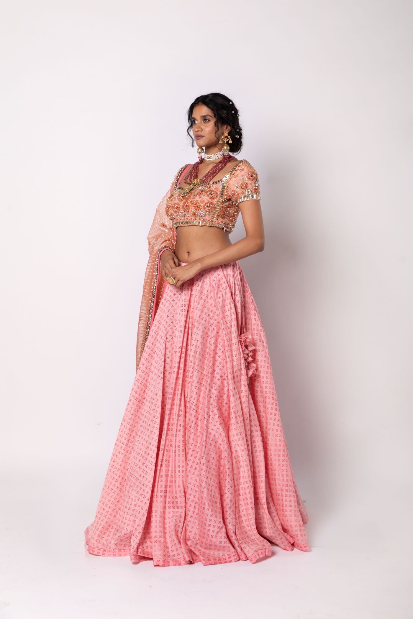 Roseate Pink Short kurta with Lehenga & Dupatta Set