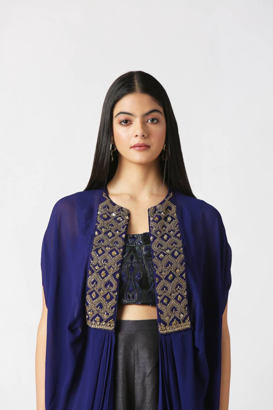Navy Blue Cape with Crop Top & Palazzo